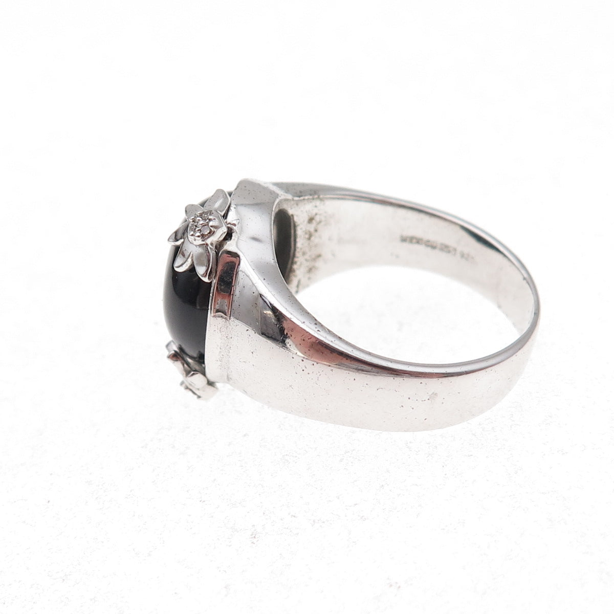 925 Sterling Silver Mexico Real Diamond & Black Onyx Floral Ring Size 7
