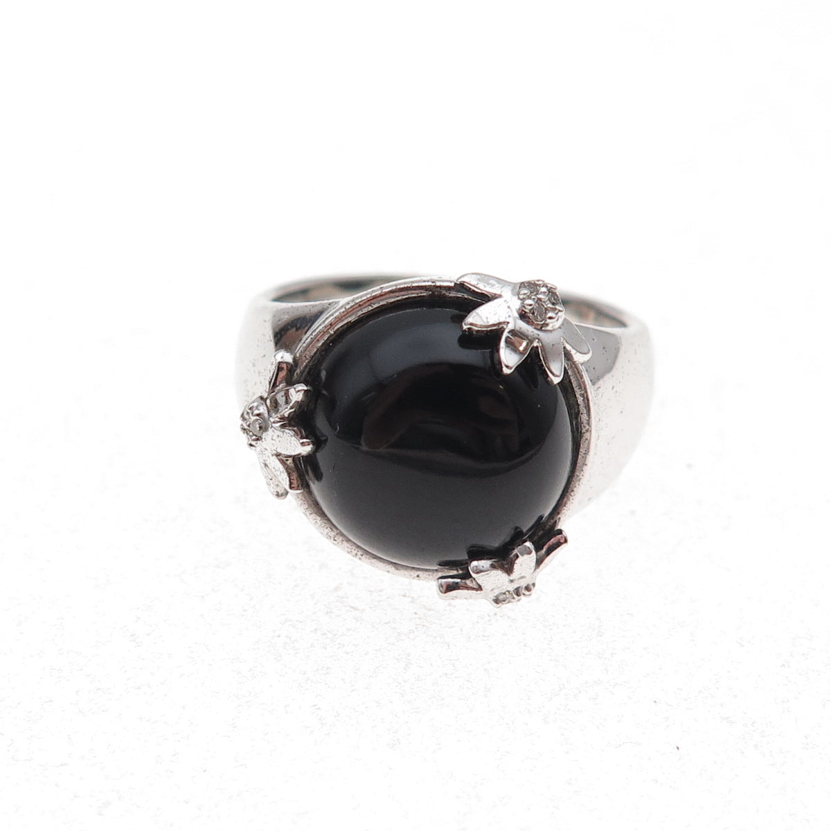 925 Sterling Silver Mexico Real Diamond & Black Onyx Floral Ring Size 7
