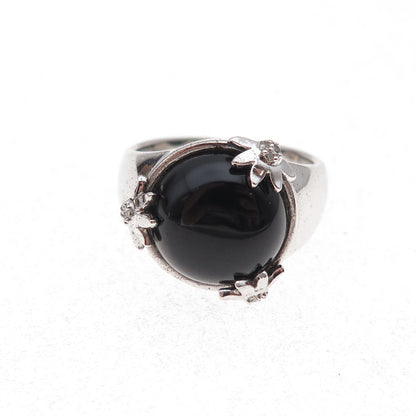 925 Sterling Silver Mexico Real Diamond & Black Onyx Floral Ring Size 7