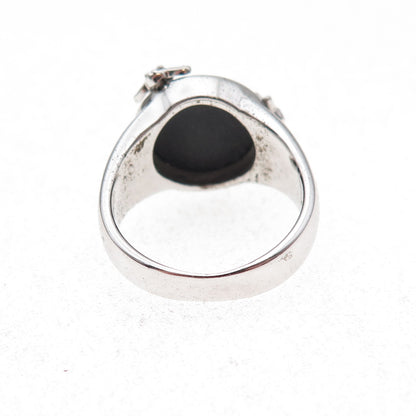 925 Sterling Silver Mexico Real Diamond & Black Onyx Floral Ring Size 7