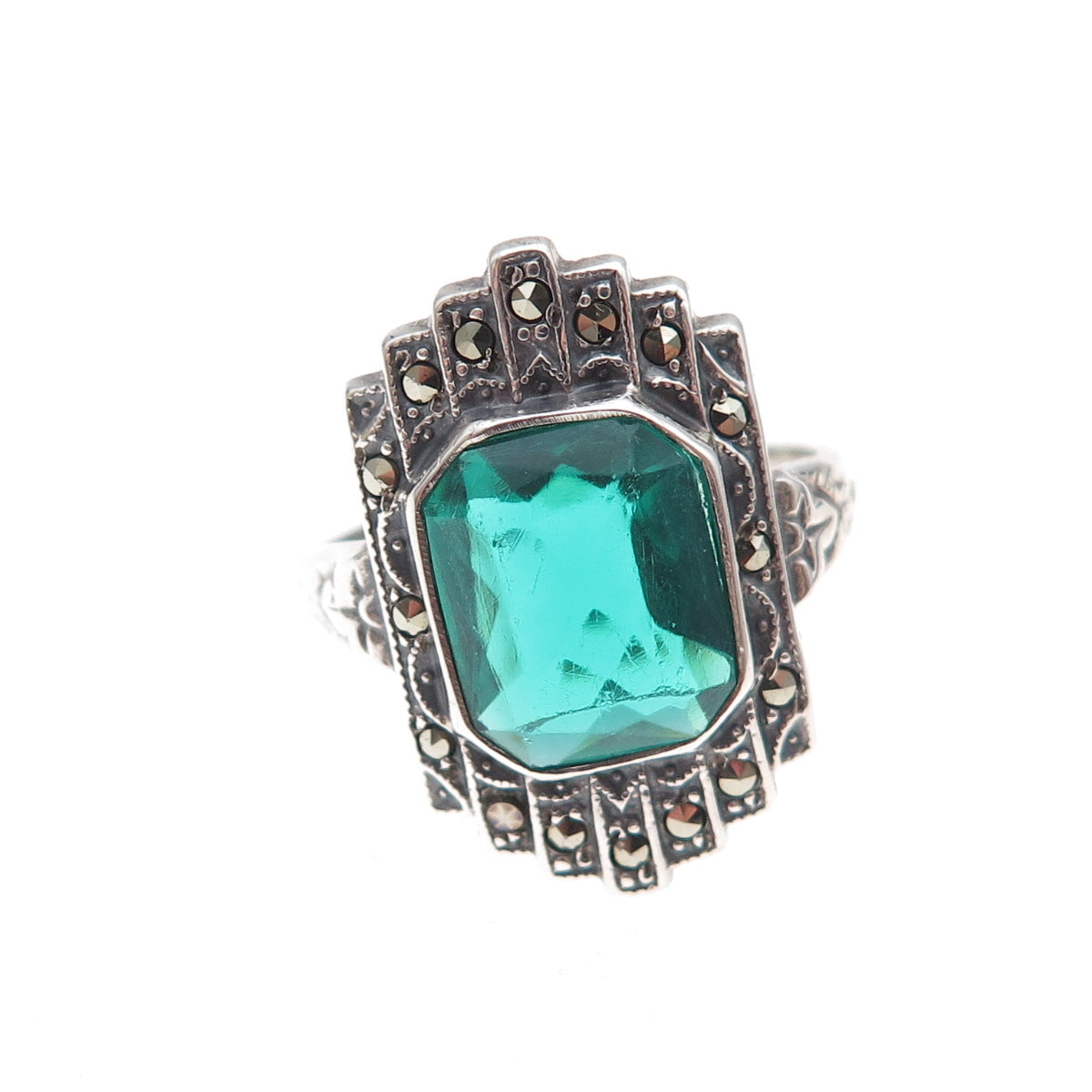 Uncas 925 Sterling Silver Antique Art Deco Rhinestone & Marcasite Ring Size 5.5