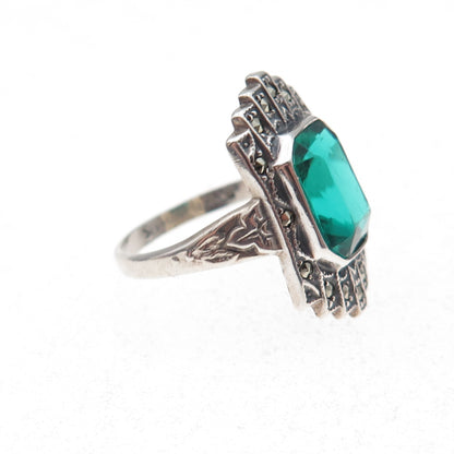 Uncas 925 Sterling Silver Antique Art Deco Rhinestone & Marcasite Ring Size 5.5