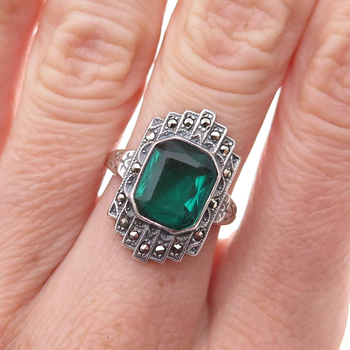 Uncas 925 Sterling Silver Antique Art Deco Rhinestone & Marcasite Ring Size 5.5