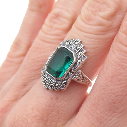 Uncas 925 Sterling Silver Antique Art Deco Rhinestone & Marcasite Ring Size 5.5