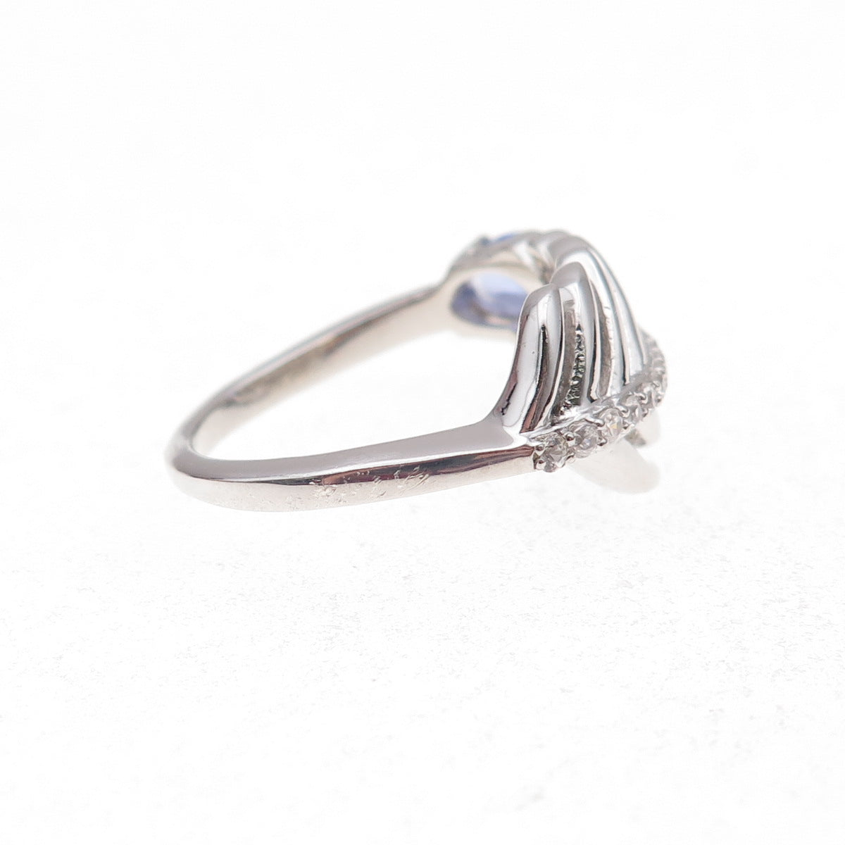 925 Sterling Silver Real Tanzanite & White Topaz Feather Ring Size 8.25