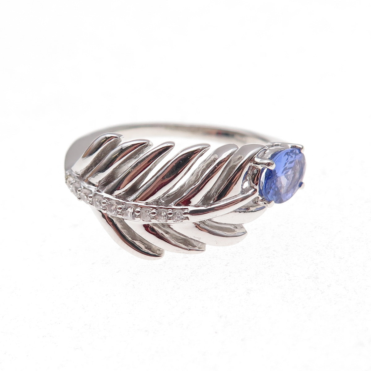 925 Sterling Silver Real Tanzanite & White Topaz Feather Ring Size 8.25
