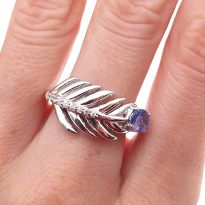 925 Sterling Silver Real Tanzanite & White Topaz Feather Ring Size 8.25