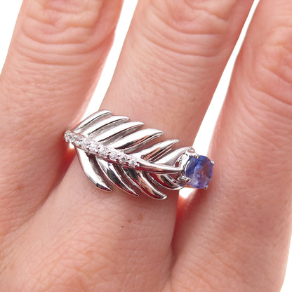 925 Sterling Silver Real Tanzanite & White Topaz Feather Ring Size 8.25