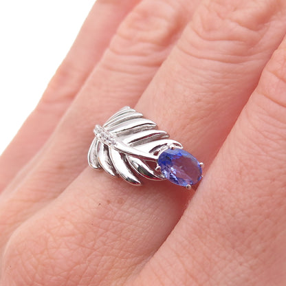 925 Sterling Silver Real Tanzanite & White Topaz Feather Ring Size 8.25