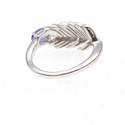 925 Sterling Silver Real Tanzanite & White Topaz Feather Ring Size 8.25