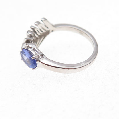925 Sterling Silver Real Tanzanite & White Topaz Feather Ring Size 8.25
