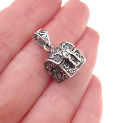 925 Sterling Silver Vintage Treasure Chest Oxidized Open Charm Pendant