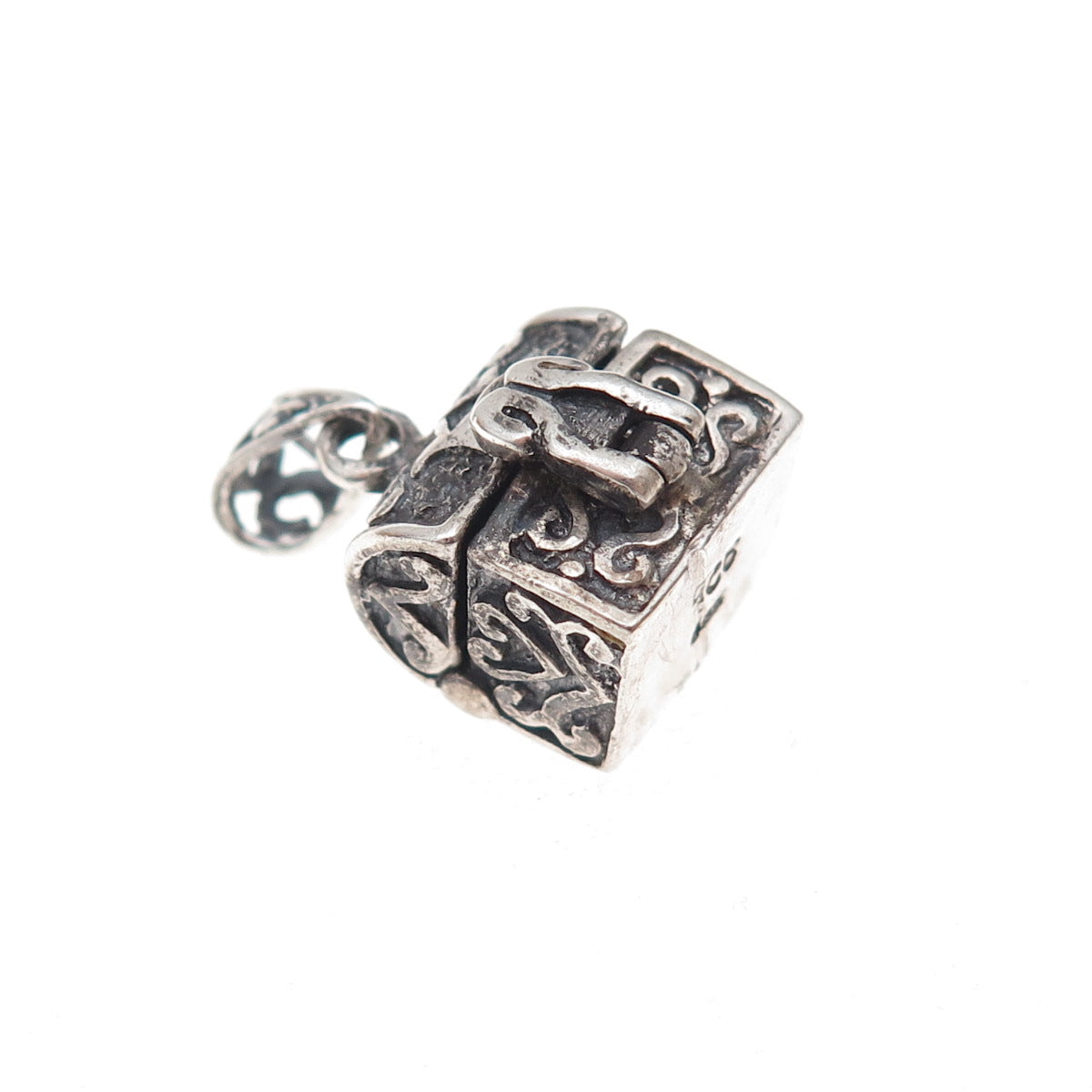 925 Sterling Silver Vintage Treasure Chest Oxidized Open Charm Pendant