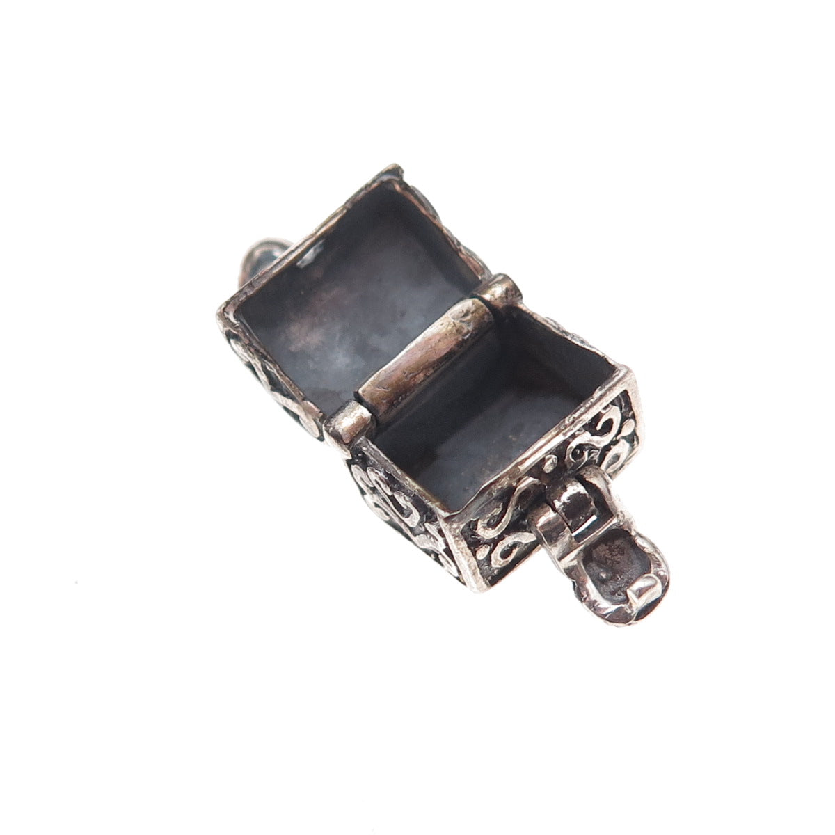 925 Sterling Silver Vintage Treasure Chest Oxidized Open Charm Pendant