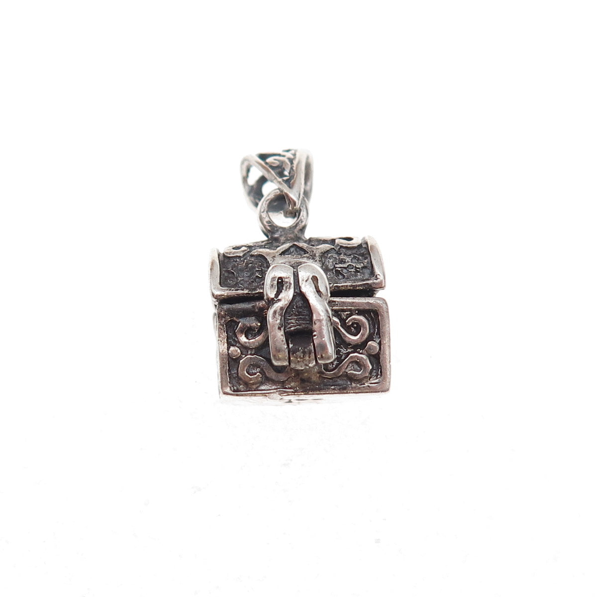 925 Sterling Silver Vintage Treasure Chest Oxidized Open Charm Pendant
