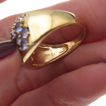 925 Sterling Silver Gold Plated Real Tanzanite & White Topaz Ring Size 8