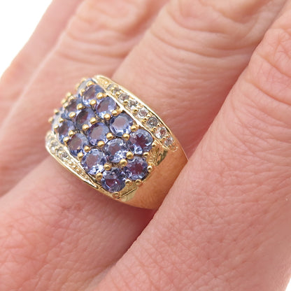 925 Sterling Silver Gold Plated Real Tanzanite & White Topaz Ring Size 8