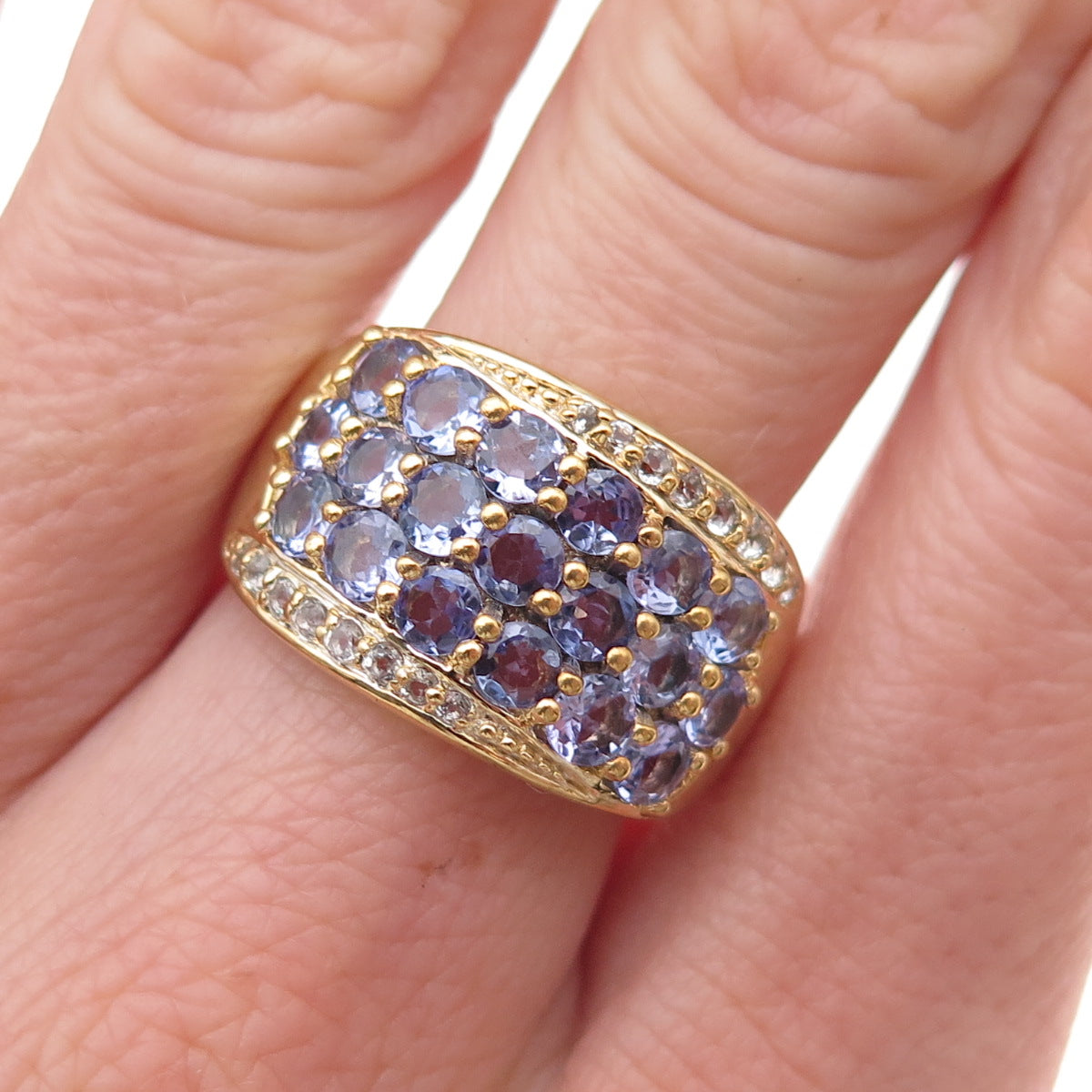 925 Sterling Silver Gold Plated Real Tanzanite & White Topaz Ring Size 8
