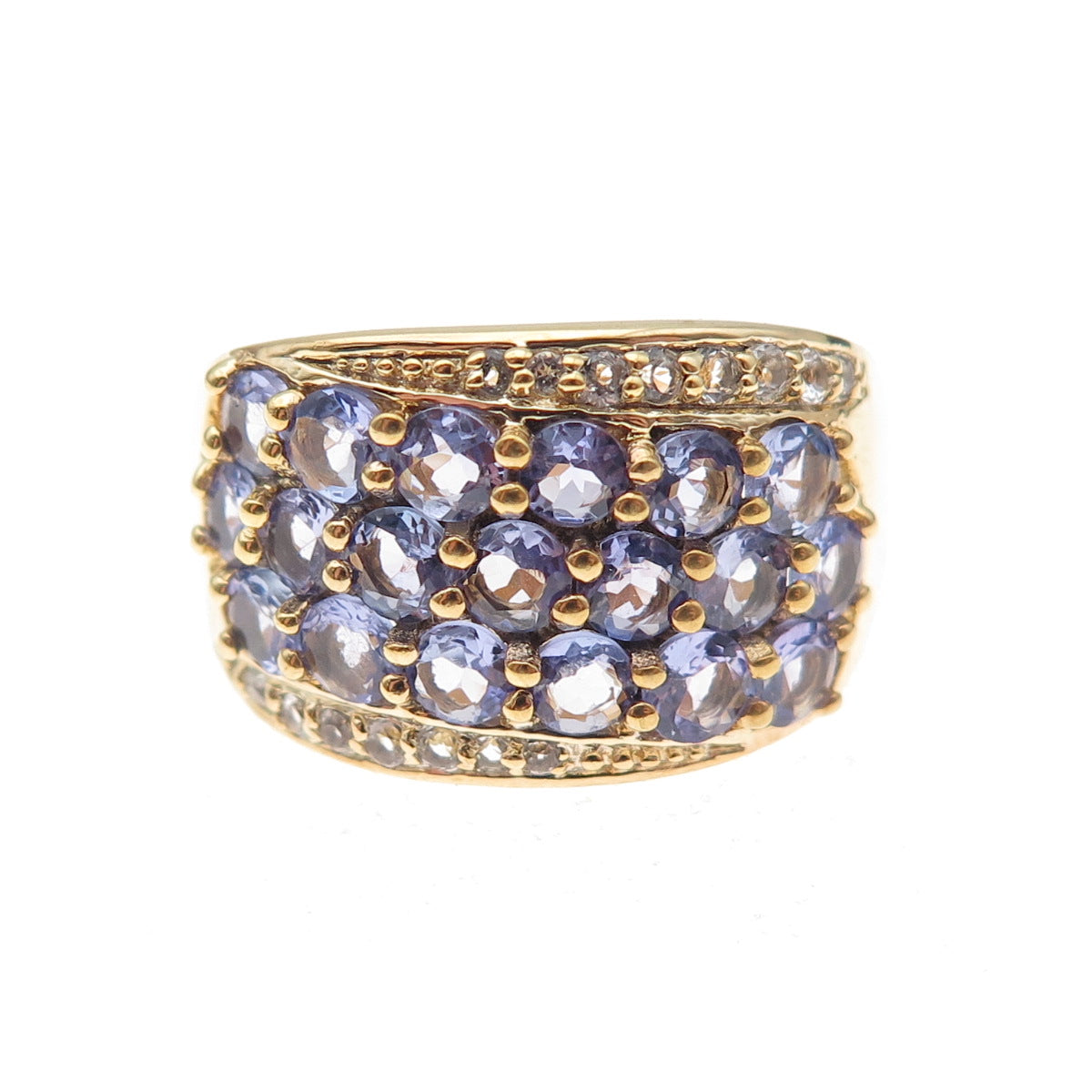 925 Sterling Silver Gold Plated Real Tanzanite & White Topaz Ring Size 8