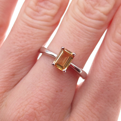 925 Sterling Silver Mexico Real Emerald-Cut Citrine Ring Size 7