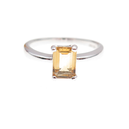 925 Sterling Silver Mexico Real Emerald-Cut Citrine Ring Size 7