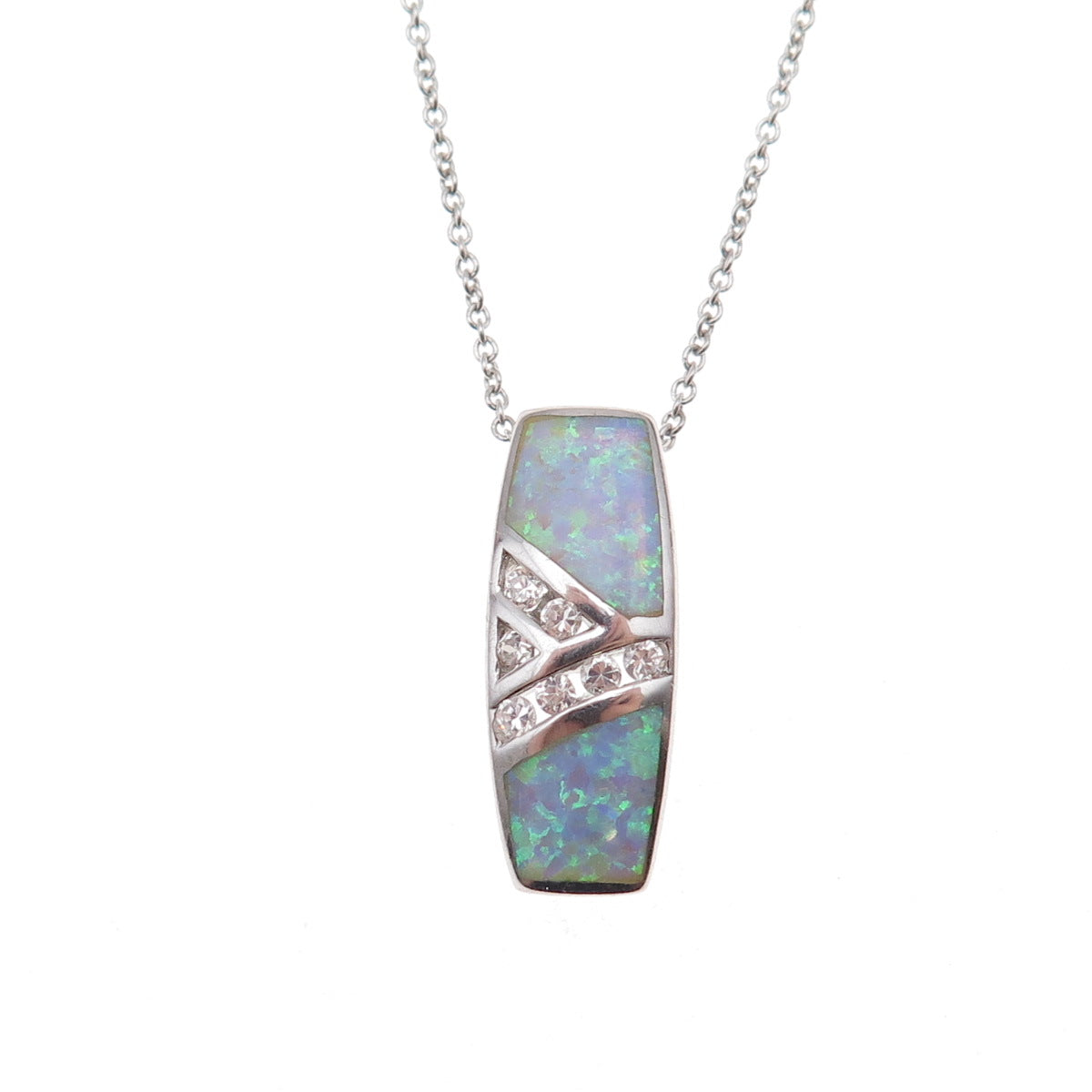 925 Sterling Silver Real Opal & C Z Cable Chain Necklace 18"