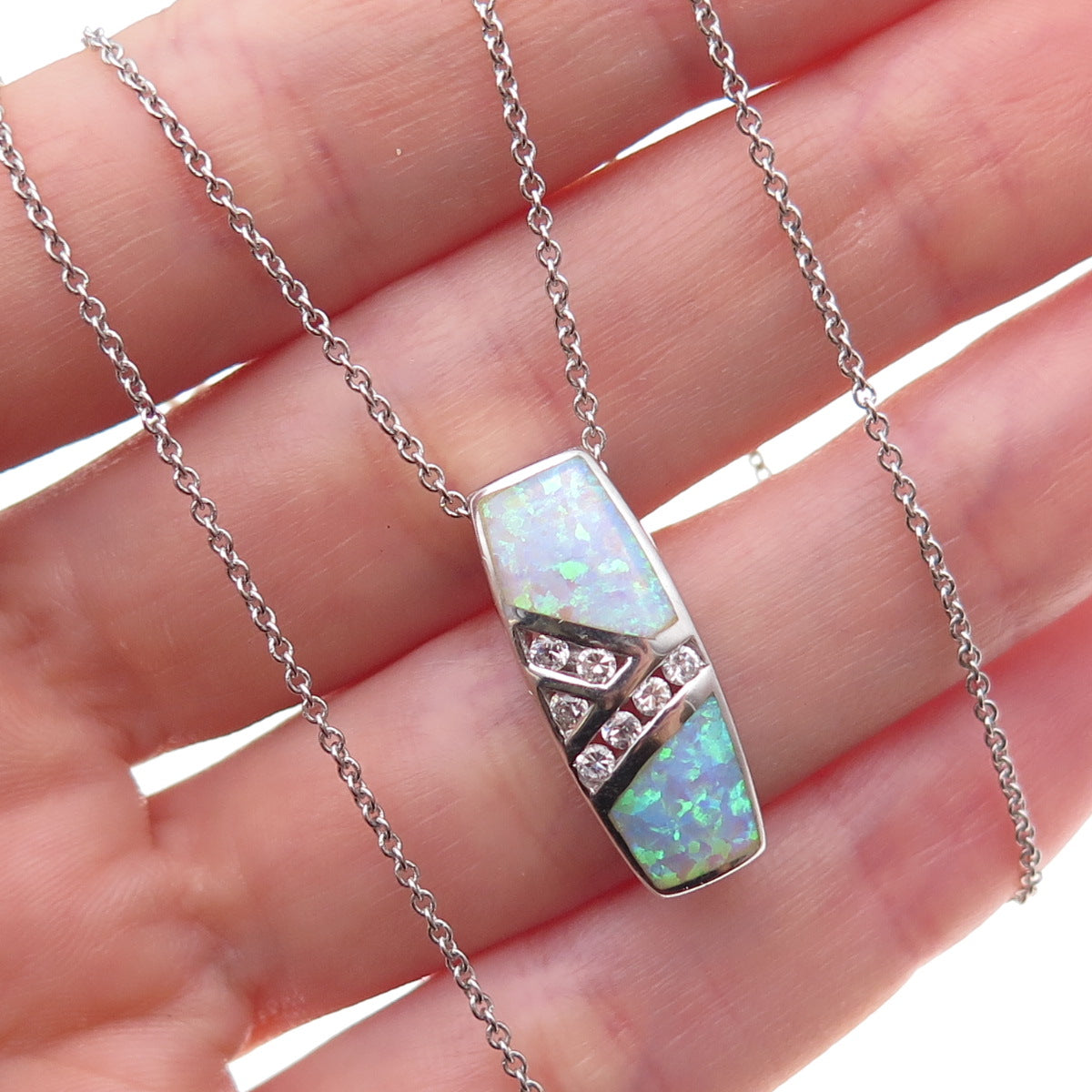 925 Sterling Silver Real Opal & C Z Cable Chain Necklace 18"