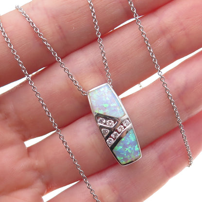 925 Sterling Silver Real Opal & C Z Cable Chain Necklace 18"