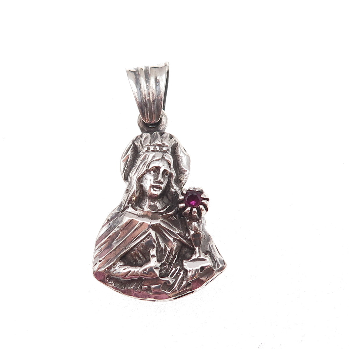 925 Sterling Silver Vintage Real Ruby Saint Barbara Oxidized Charm Pendant