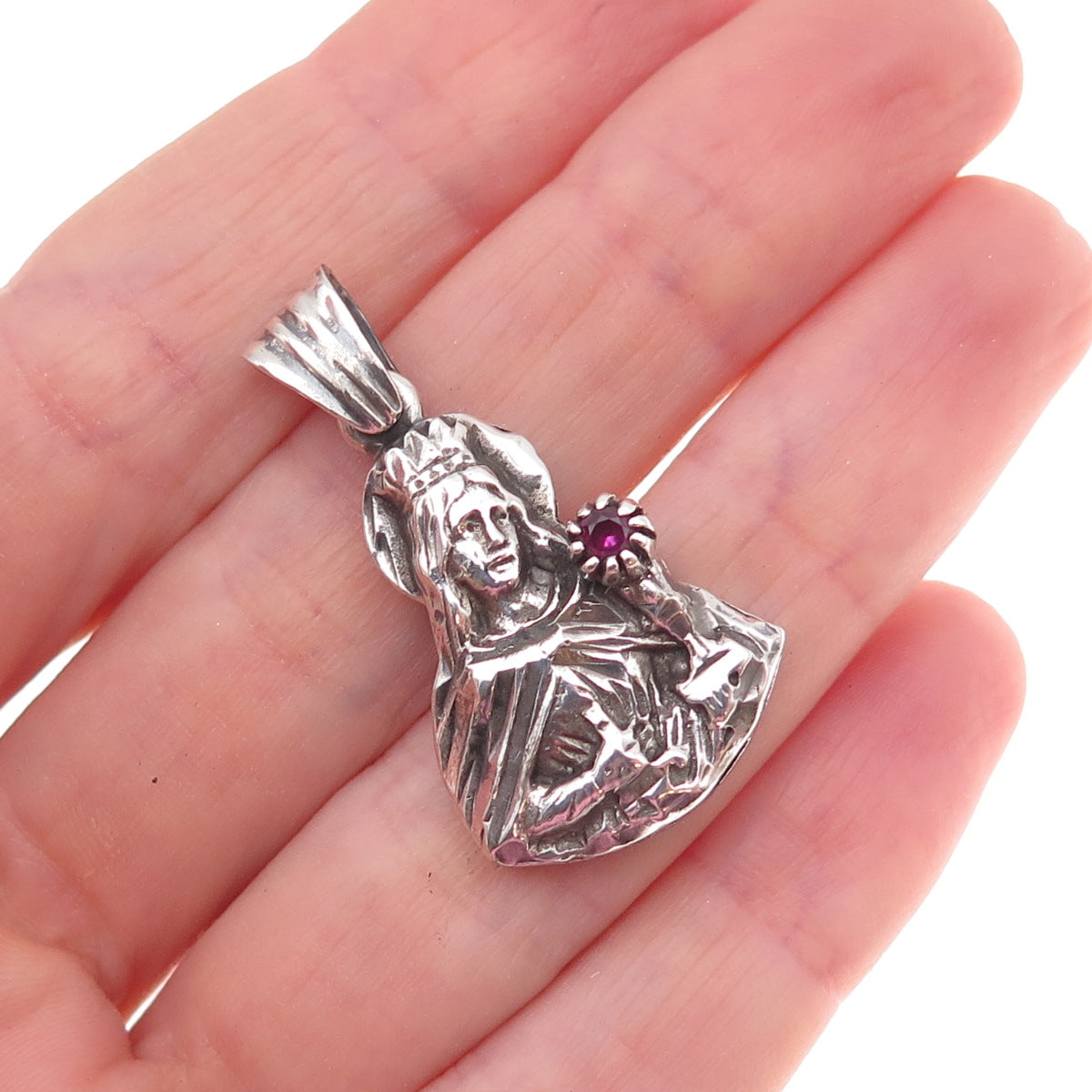 925 Sterling Silver Vintage Real Ruby Saint Barbara Oxidized Charm Pendant