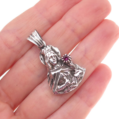 925 Sterling Silver Vintage Real Ruby Saint Barbara Oxidized Charm Pendant