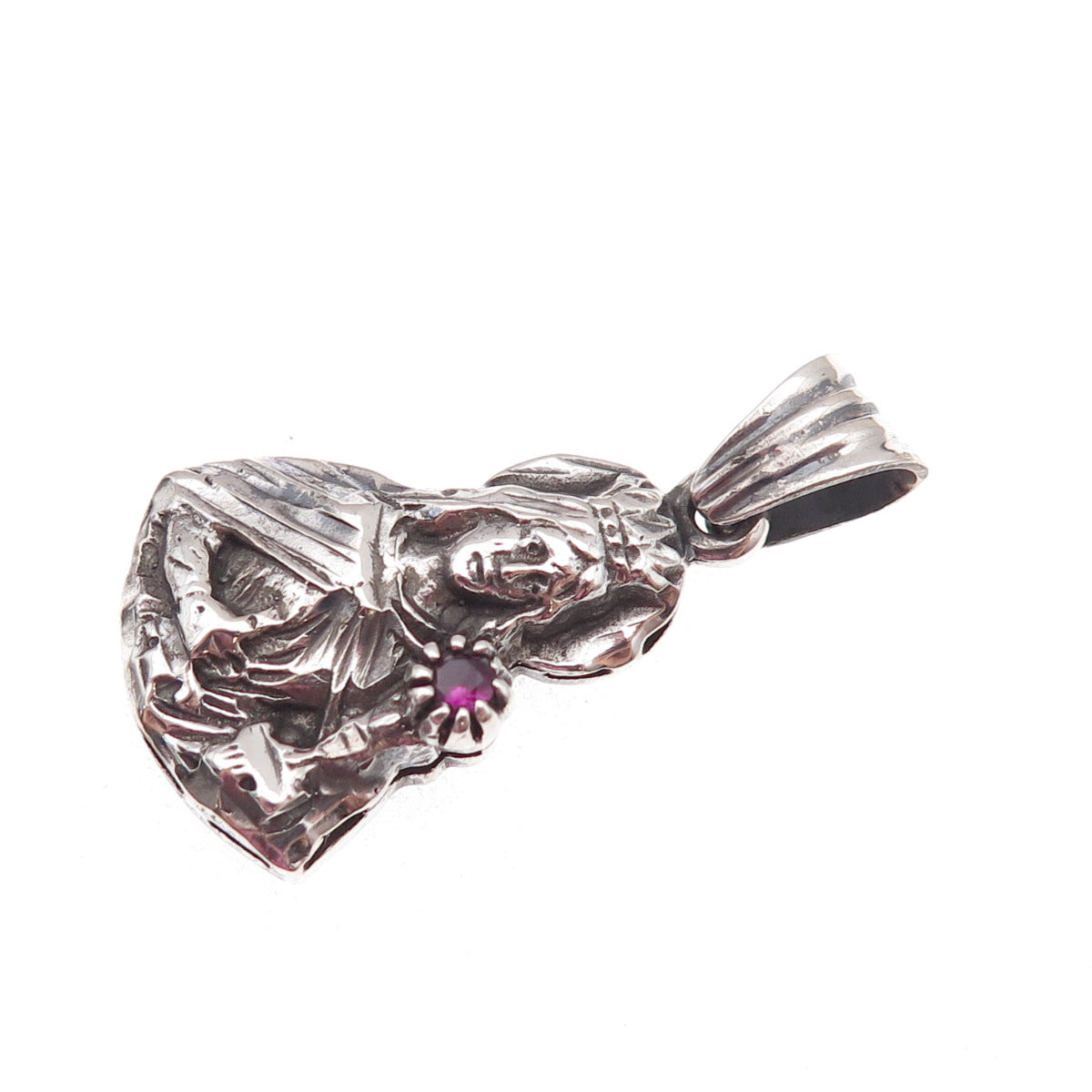 925 Sterling Silver Vintage Real Ruby Saint Barbara Oxidized Charm Pendant