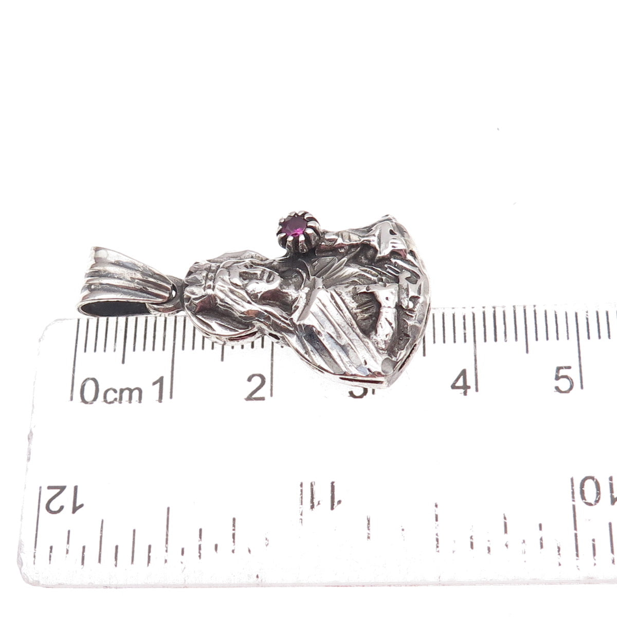 925 Sterling Silver Vintage Real Ruby Saint Barbara Oxidized Charm Pendant