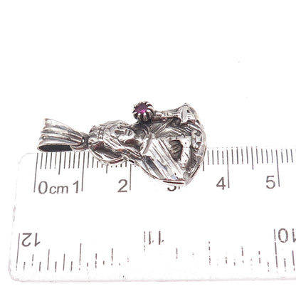 925 Sterling Silver Vintage Real Ruby Saint Barbara Oxidized Charm Pendant