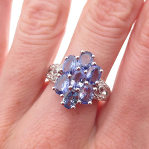 925 Sterling Silver Real Tanzanite & White Topaz Ring Size 8