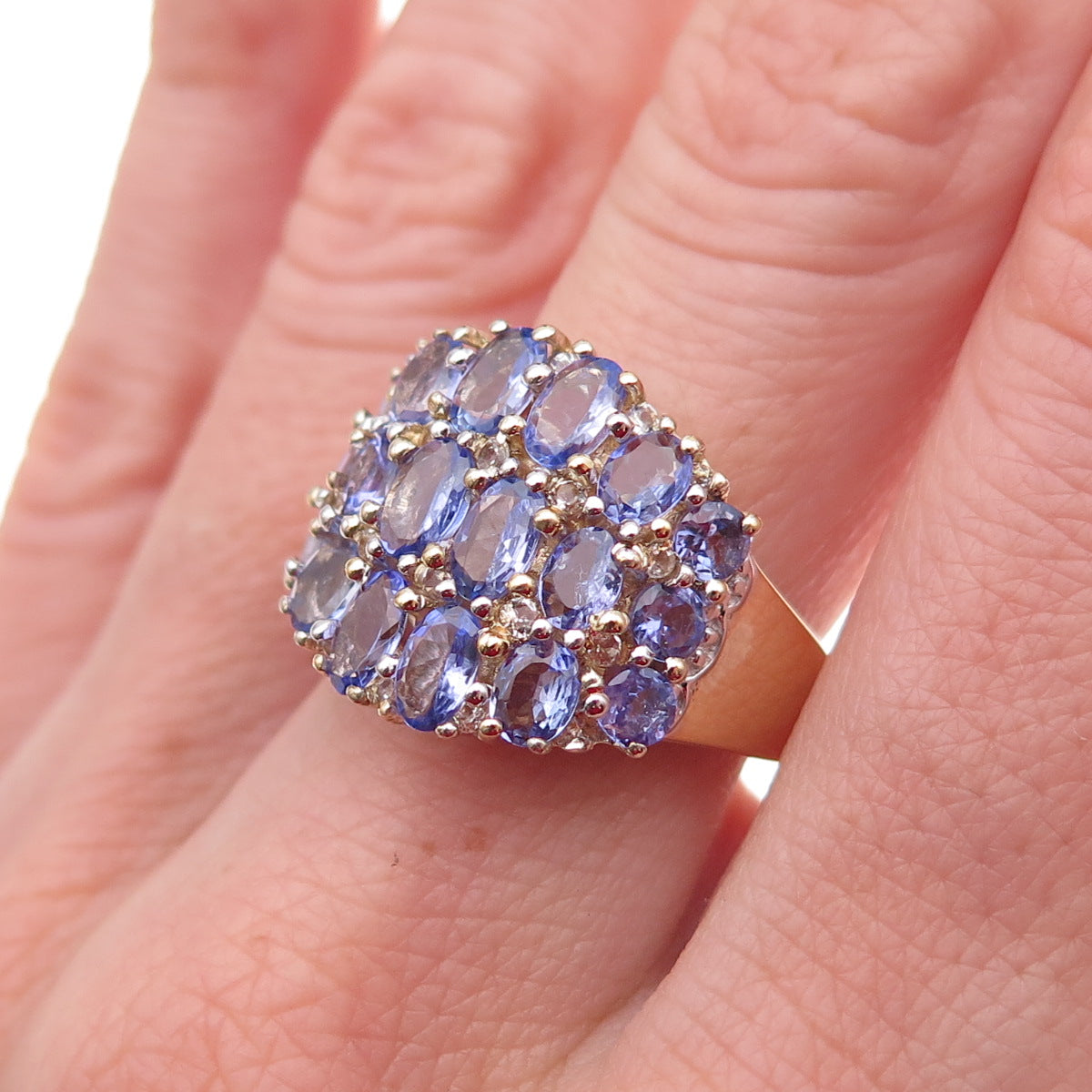 925 Sterling Silver Gold Plated Real Oval & Round-Cut Tanzanite Ring Size 8