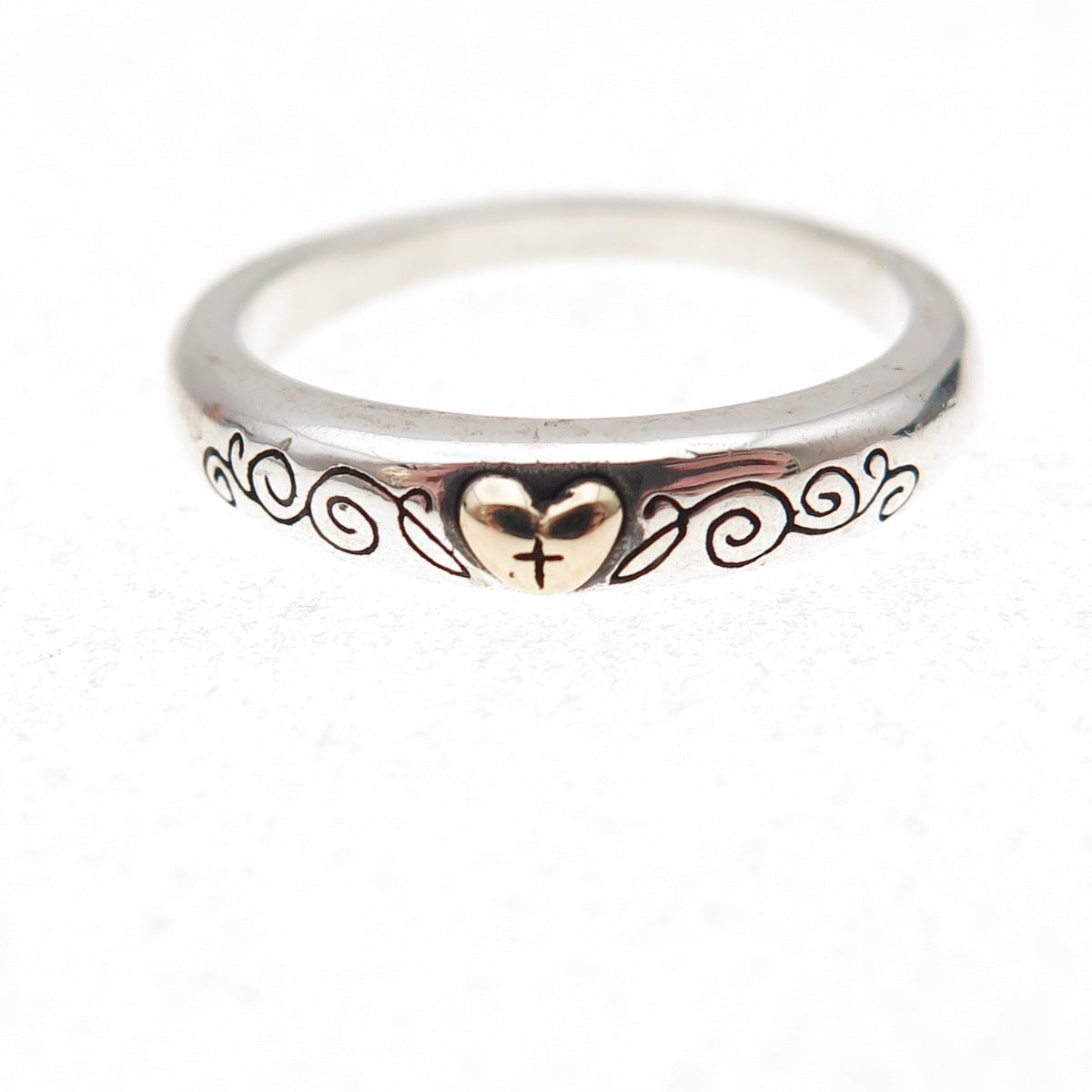 925 Sterling Silver 14K Gold Vintage Cross Heart Band Ring Size 6.25