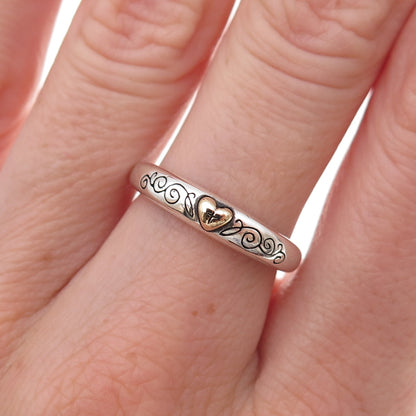 925 Sterling Silver 14K Gold Vintage Cross Heart Band Ring Size 6.25