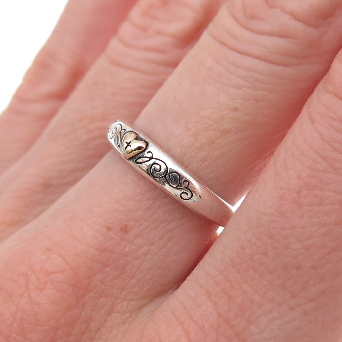 925 Sterling Silver 14K Gold Vintage Cross Heart Band Ring Size 6.25