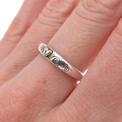 925 Sterling Silver 14K Gold Vintage Cross Heart Band Ring Size 6.25