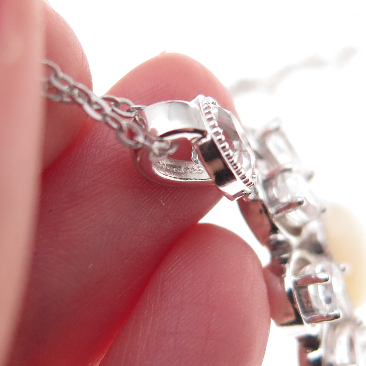 925 Sterling Silver Mexico Real MOP & White Topaz Floral Chain Necklace 18"