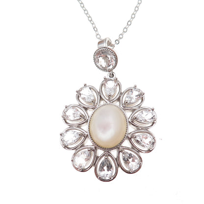 925 Sterling Silver Mexico Real MOP & White Topaz Floral Chain Necklace 18"