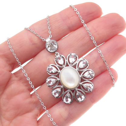 925 Sterling Silver Mexico Real MOP & White Topaz Floral Chain Necklace 18"