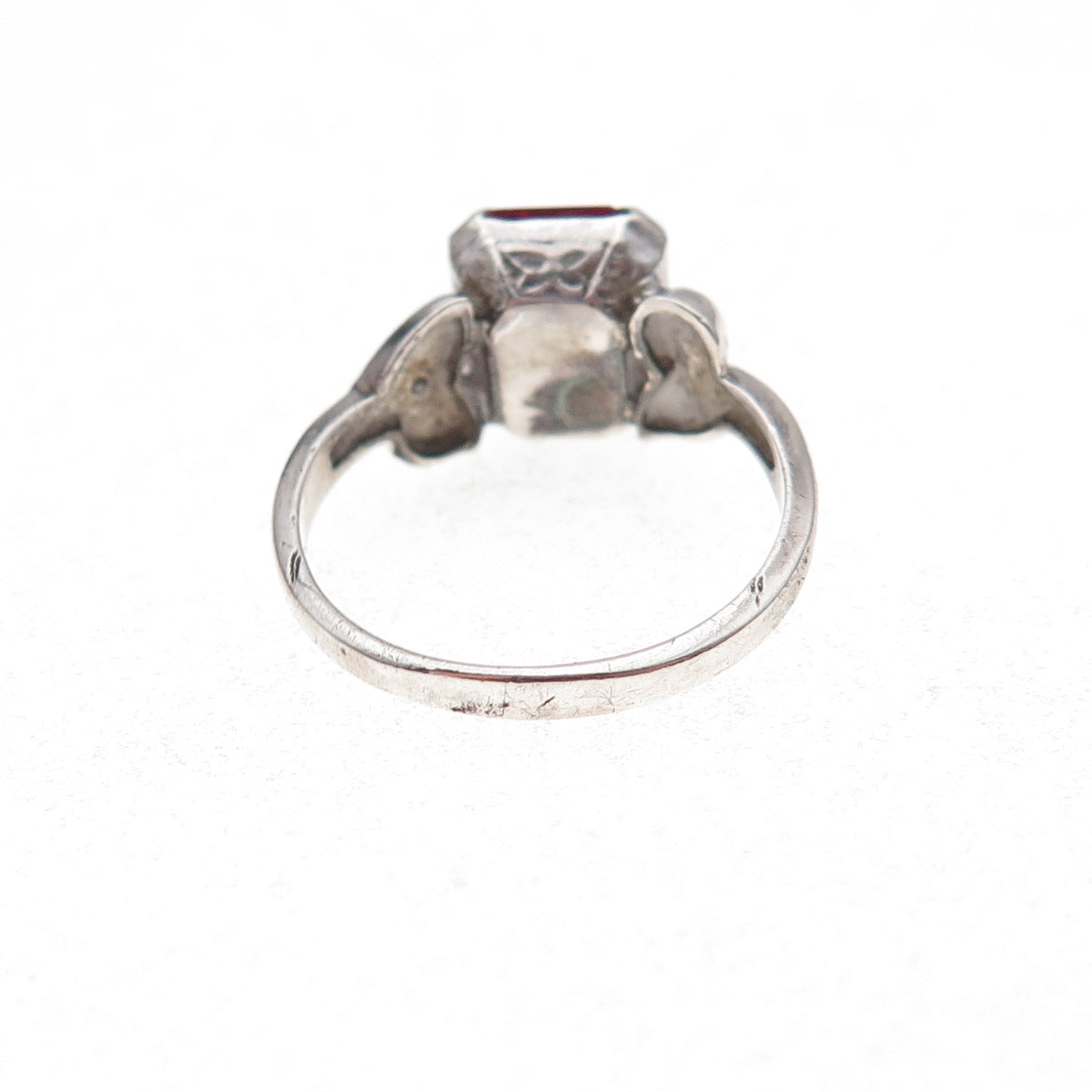 Uncas 925 Sterling Silver Antique Art Deco Red Rhinestone Oxidized Ring Size 5.5