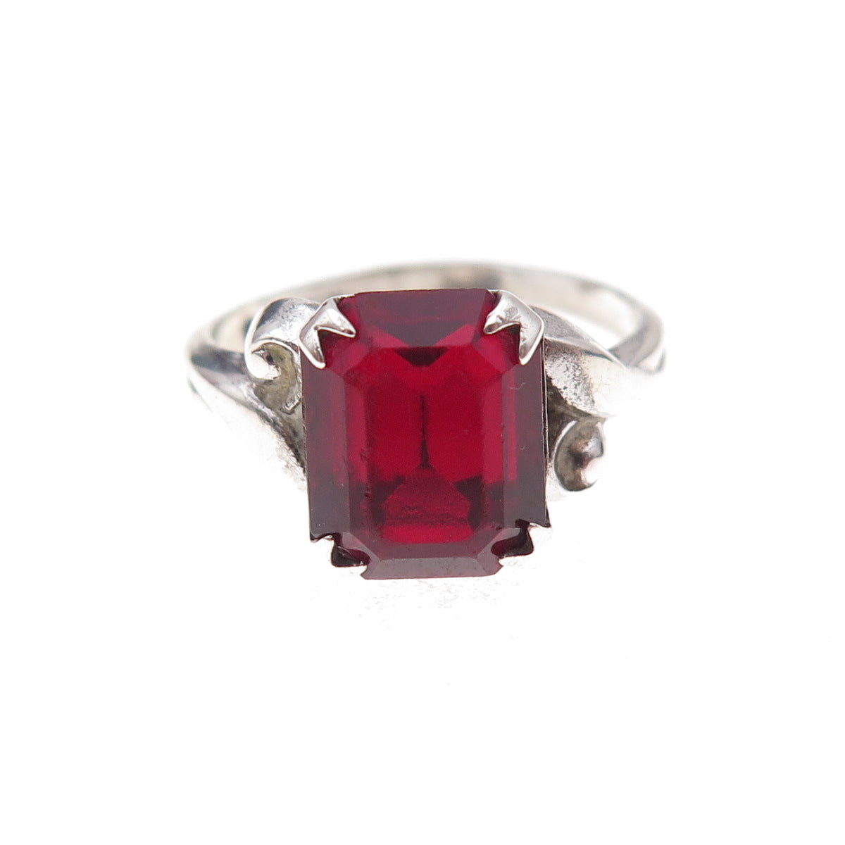 Uncas 925 Sterling Silver Antique Art Deco Red Rhinestone Oxidized Ring Size 5.5