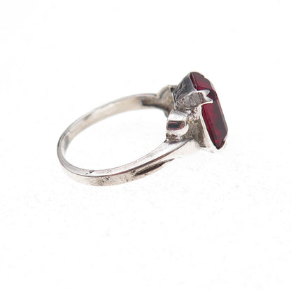 Uncas 925 Sterling Silver Antique Art Deco Red Rhinestone Oxidized Ring Size 5.5