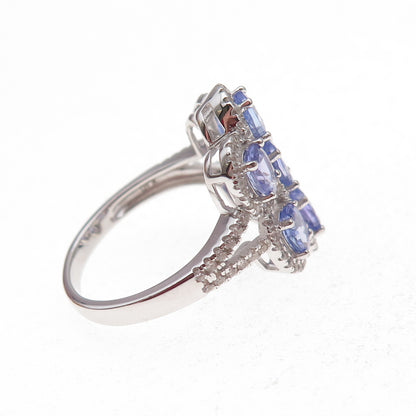 925 Sterling Silver Real Tanzanite & White Topaz Cluster Ring Size 8.25