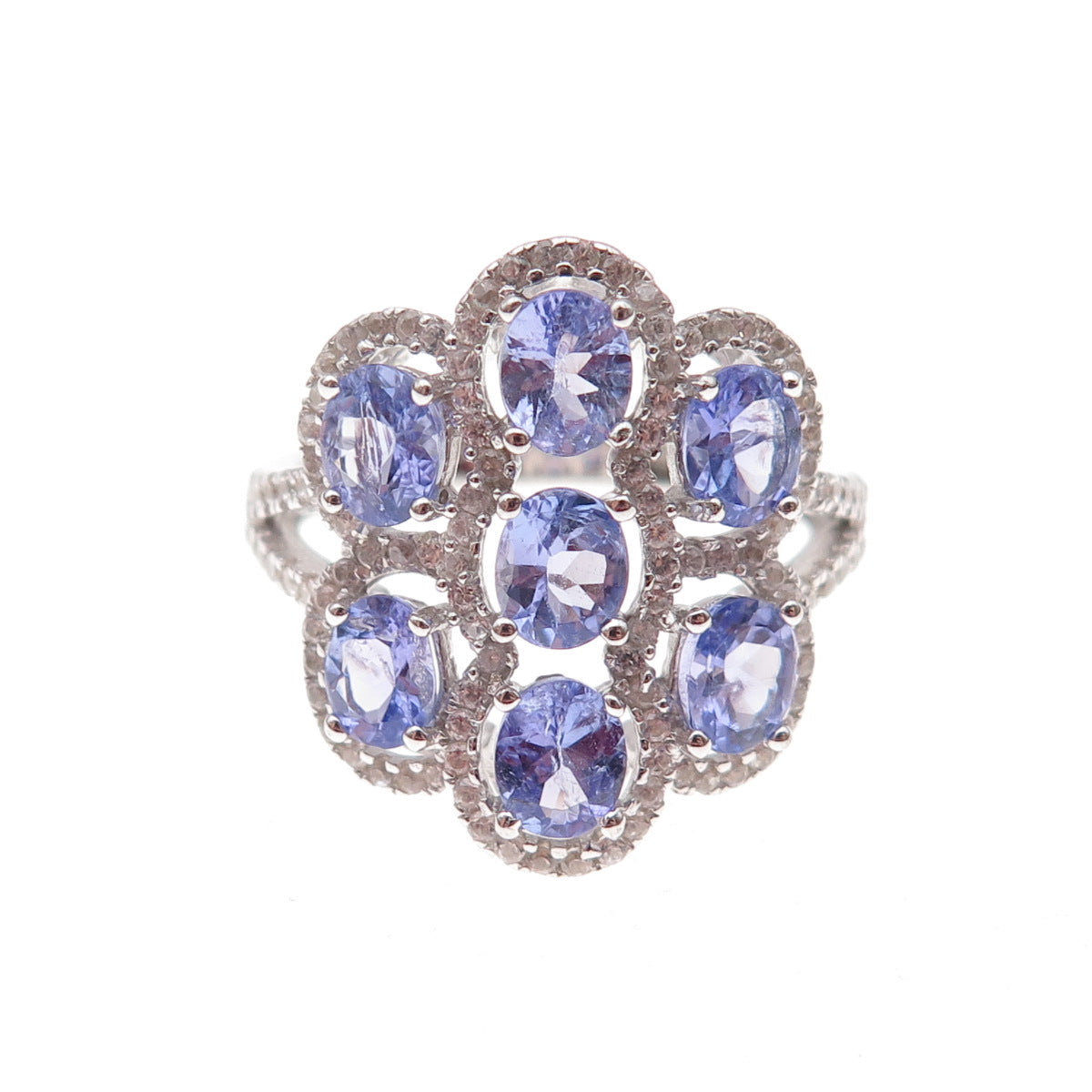 925 Sterling Silver Real Tanzanite & White Topaz Cluster Ring Size 8.25