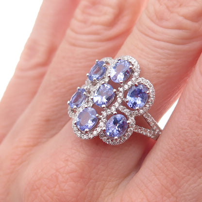 925 Sterling Silver Real Tanzanite & White Topaz Cluster Ring Size 8.25