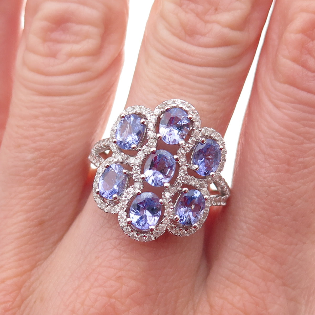 925 Sterling Silver Real Tanzanite & White Topaz Cluster Ring Size 8.25